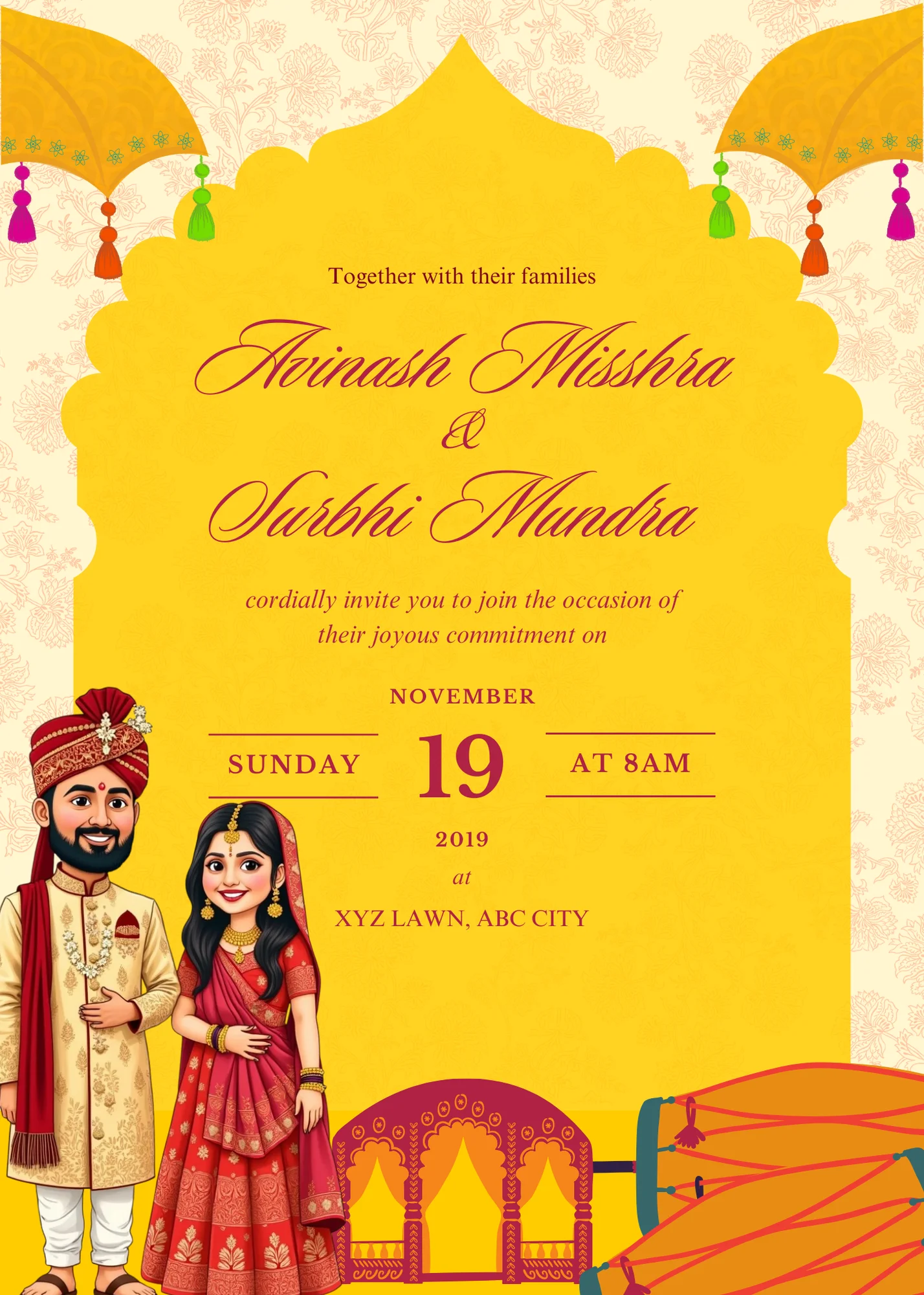 Yellow orange and red traditional Indian wedding invitation